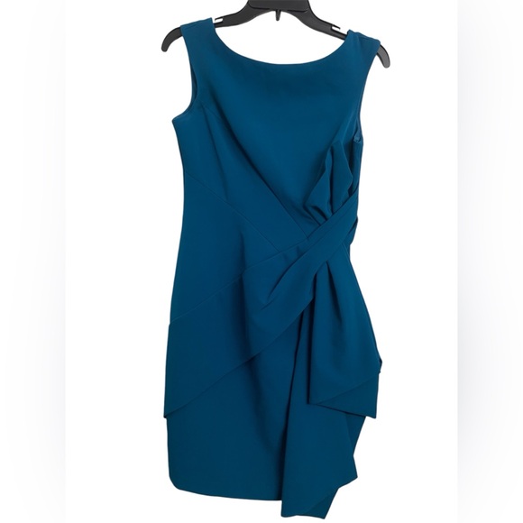 Eliza J. Drape Laguna Crepe Cocktail Shift Dress Size 4 Teal - Picture 1 of 8